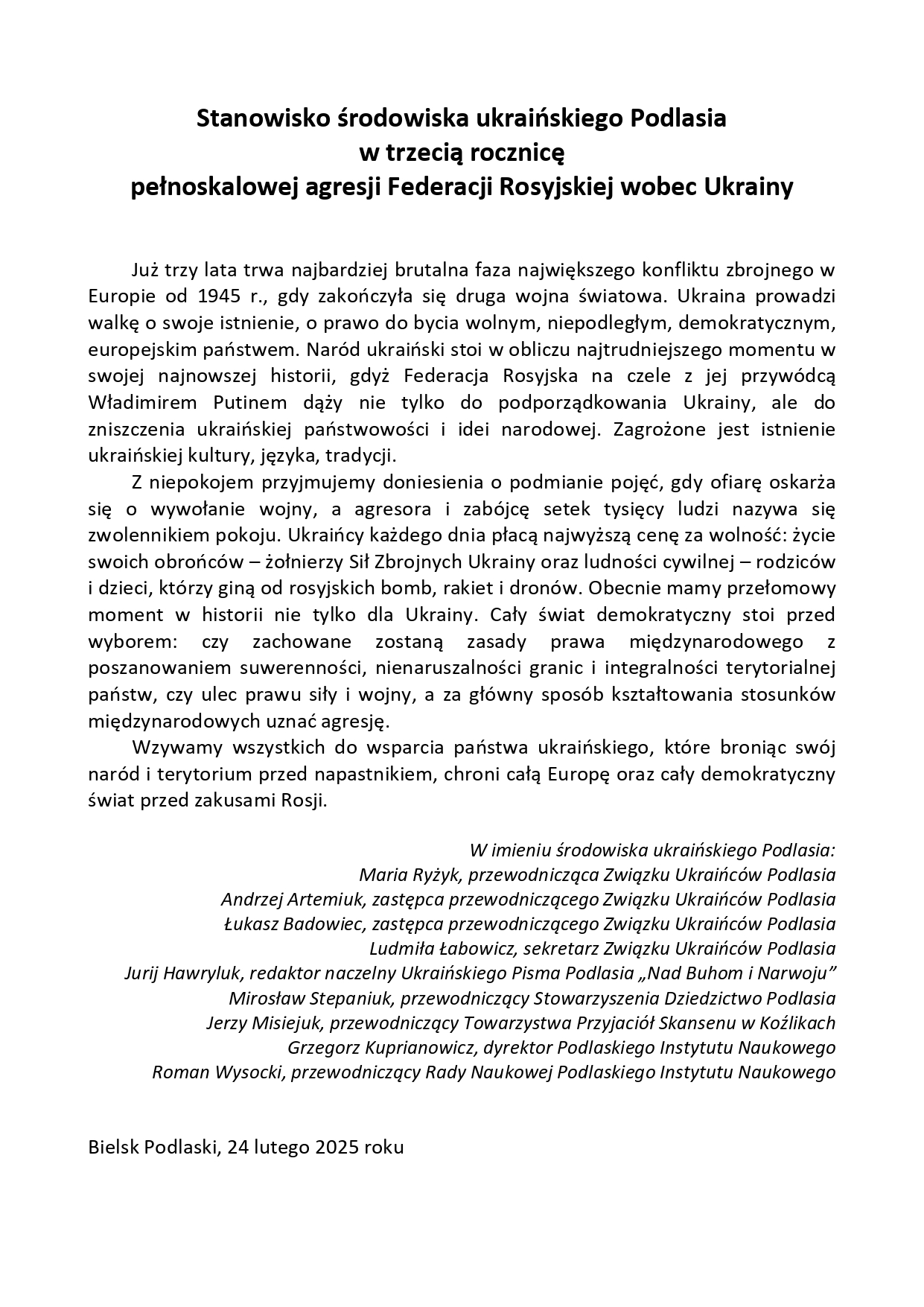 Stanowisko środowiska ukraińskiego Podlasia  w trzecią rocznicę  pełnoskalowej agresji Federacji Rosyjskiej wobec Ukrainy